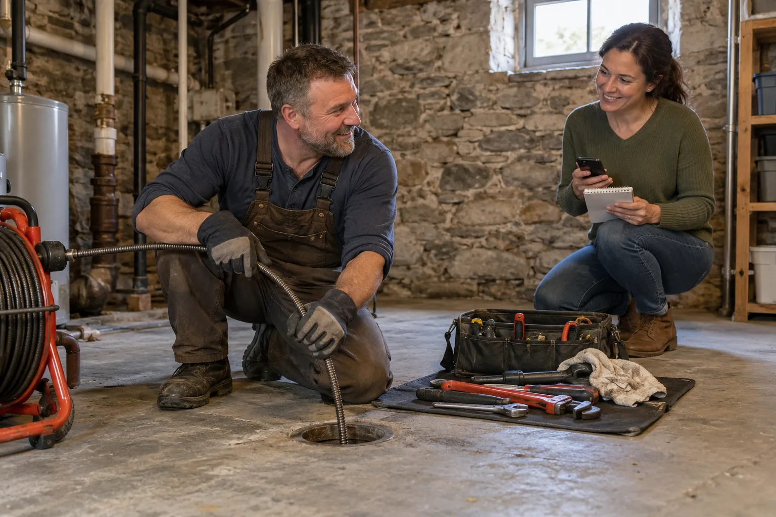 A friendly local plumber kneeling beside a basement floor drain in a Agawam Town home while a homeowner looks on