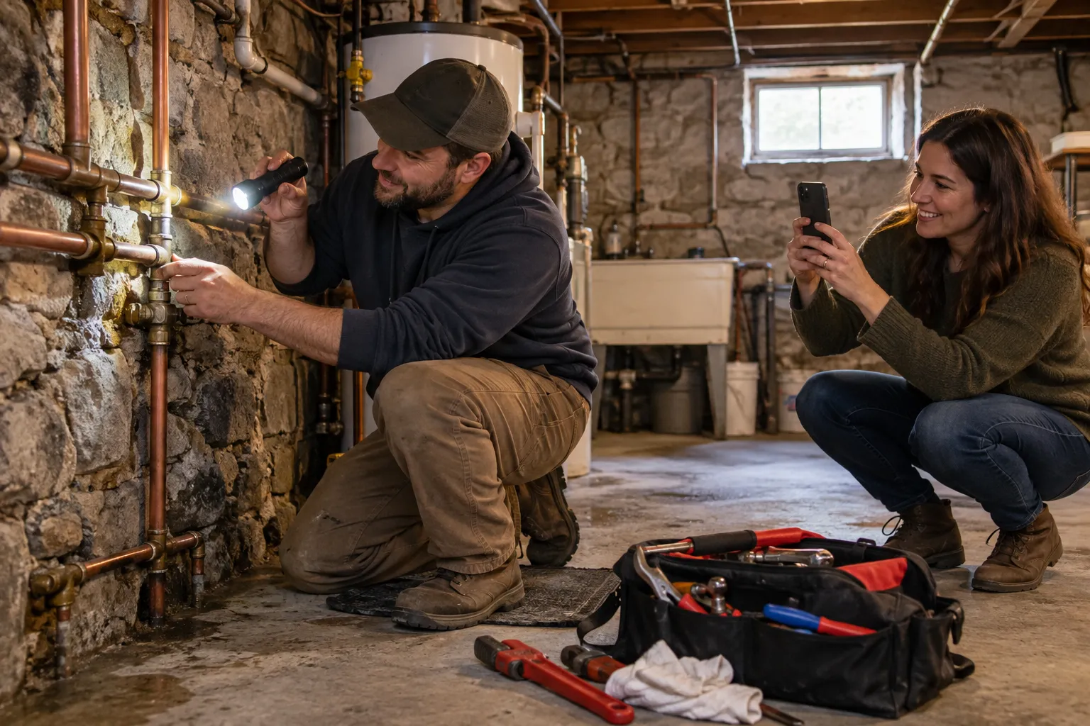 A local plumbing provider checking a pipe under a basement ceiling while a homeowner in Agawam Town looks on