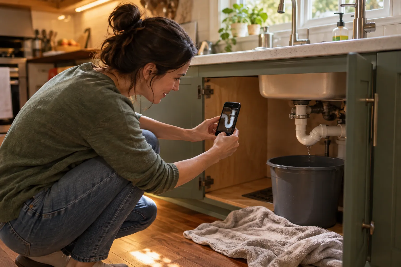 Homeowner in Agawam Town photographing a leaking pipe under a kitchen sink