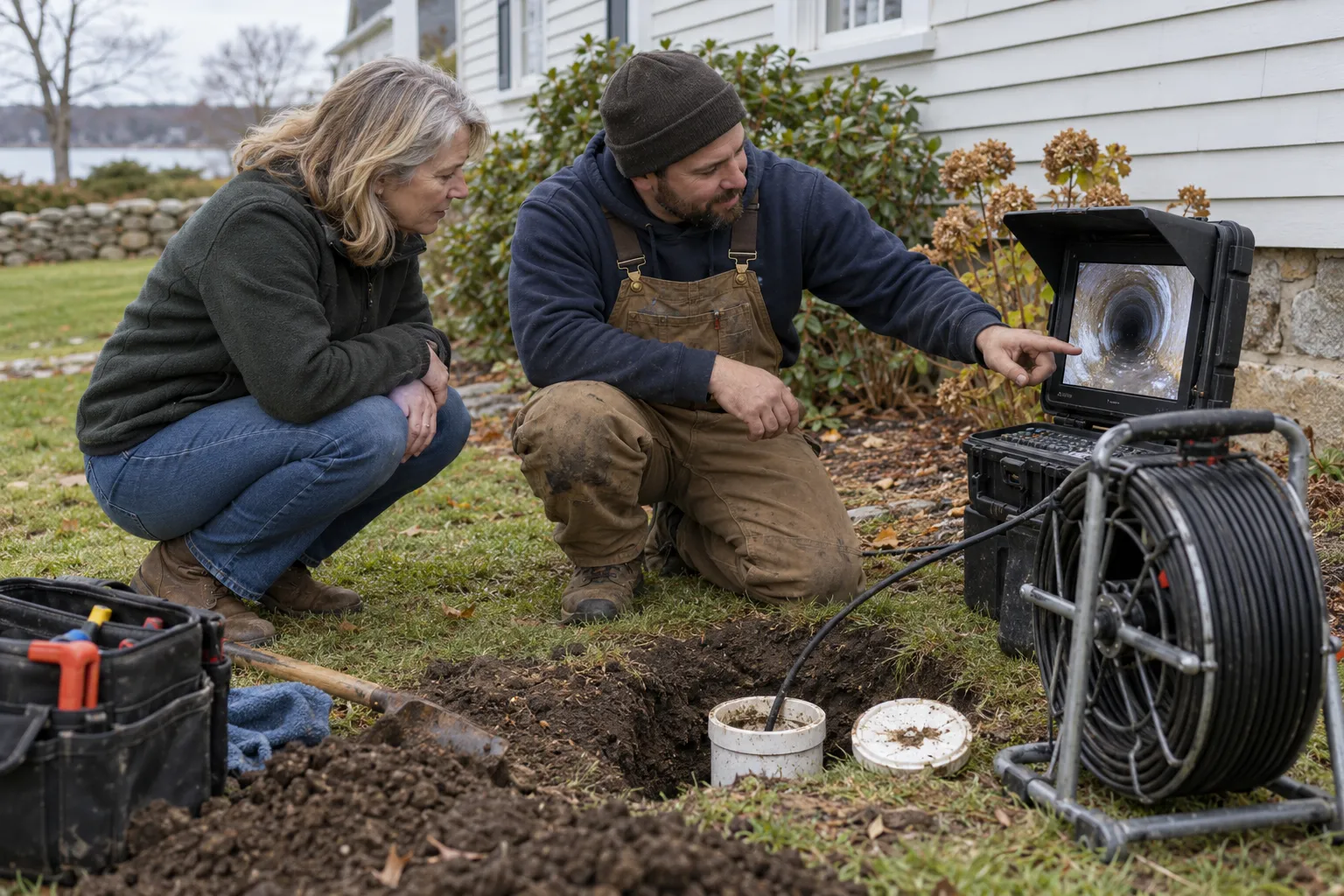 A local provider reviewing camera footage of a sewer line with a homeowner near Agawam Town